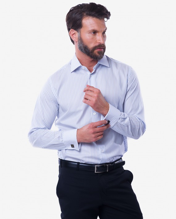 Tailored Fit Blue Shadow Stripe 120s Cotton Shirt – Double Cuffs 1