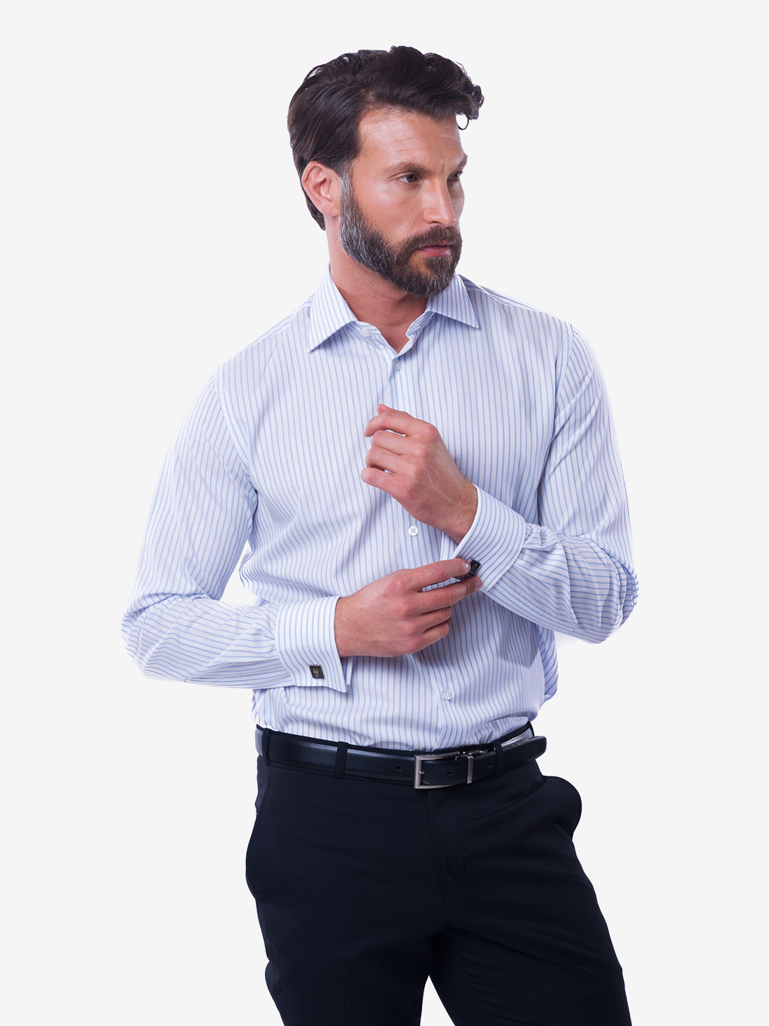 Tailored Fit Blue Shadow Stripe 120s Cotton Double Cuff Shirt - Kal Jacobs