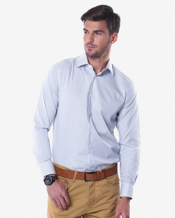 Tailored Fit Blue & Gold Striped Twill Easy Iron Cotton Shirt – Cutaway Collar 1