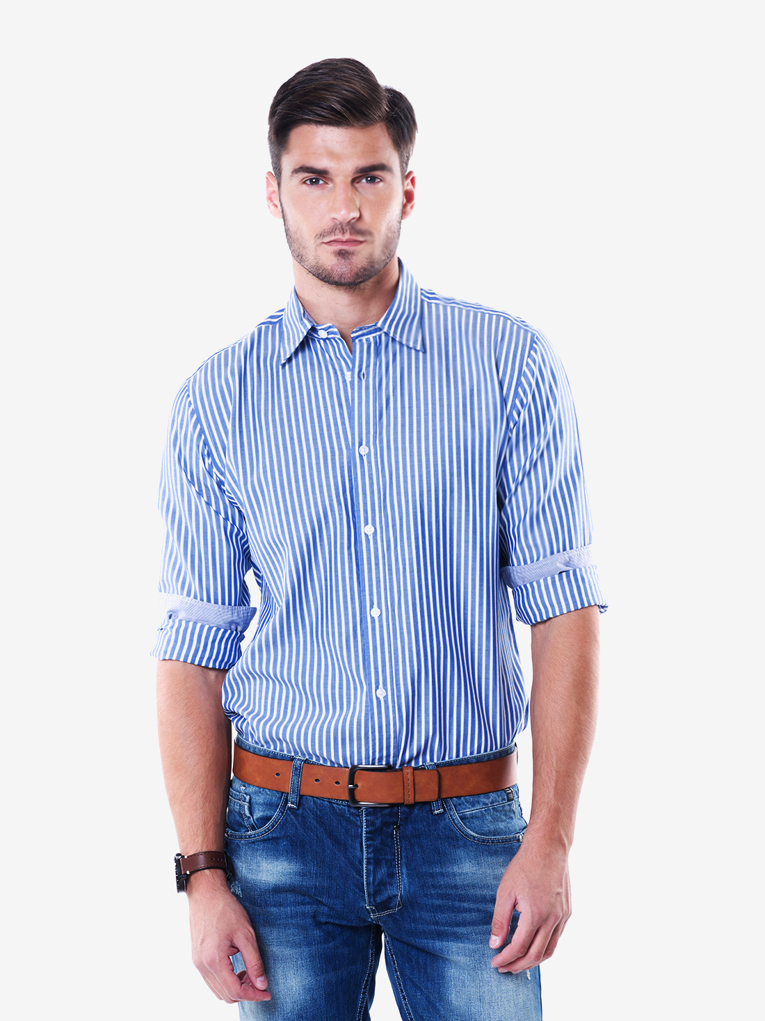 Tailored Fit Blue & White Shadow Stripe Cotton Shirt - Kal Jacobs