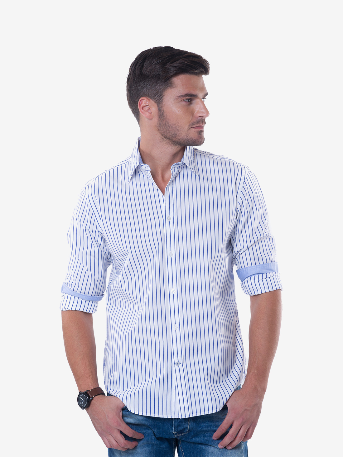 Tailored White & Blue Pencil Stripe Cotton Shirt - Kal Jacobs