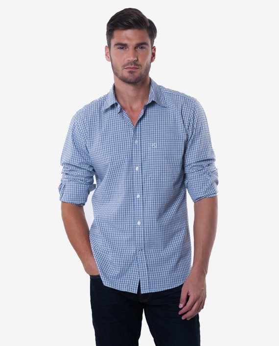 Tailored Fit Navy Blue & Grey Tattersall Bamboo Shirt 1
