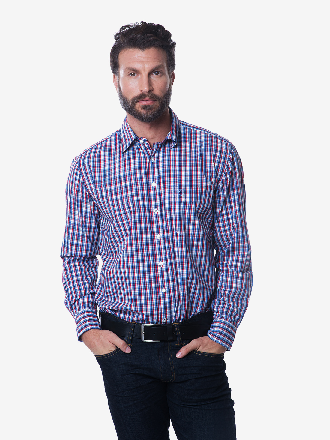 Tailored Fit Red & Navy Blue Plaid Bamboo Shirt - Kal Jacobs