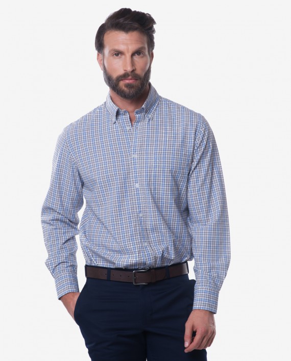 Tailored Fit Blue & Brown Check Button Down Collar Bamboo Shirt 1